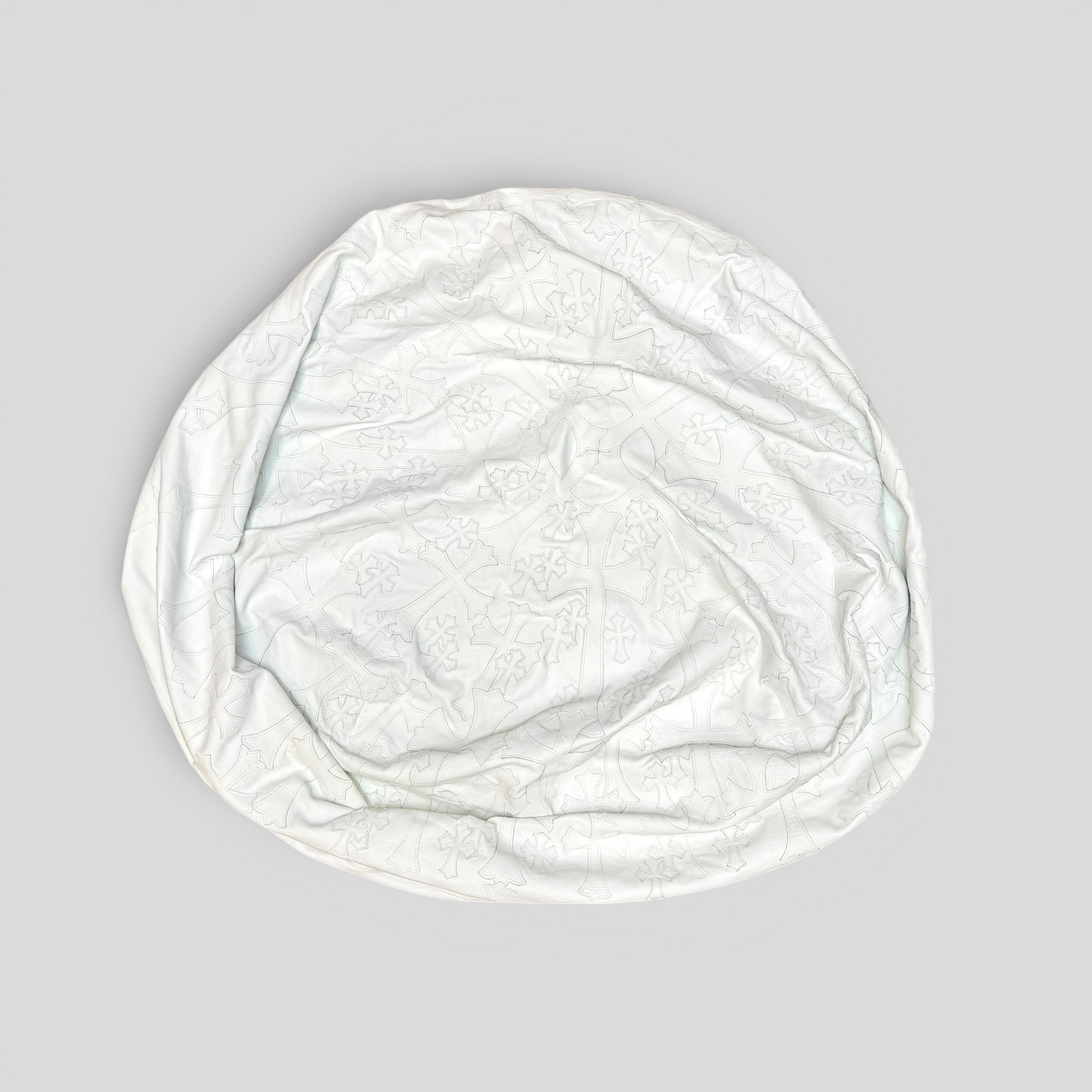 CLB XXIII Chrome Hearts oversized white leather bean bag chair featuring an all-over embossed cross pattern