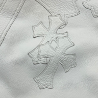 CLB XXIII Chrome Hearts white leather bean bag chair featuring detailed stitched cross patterns on textured leather
