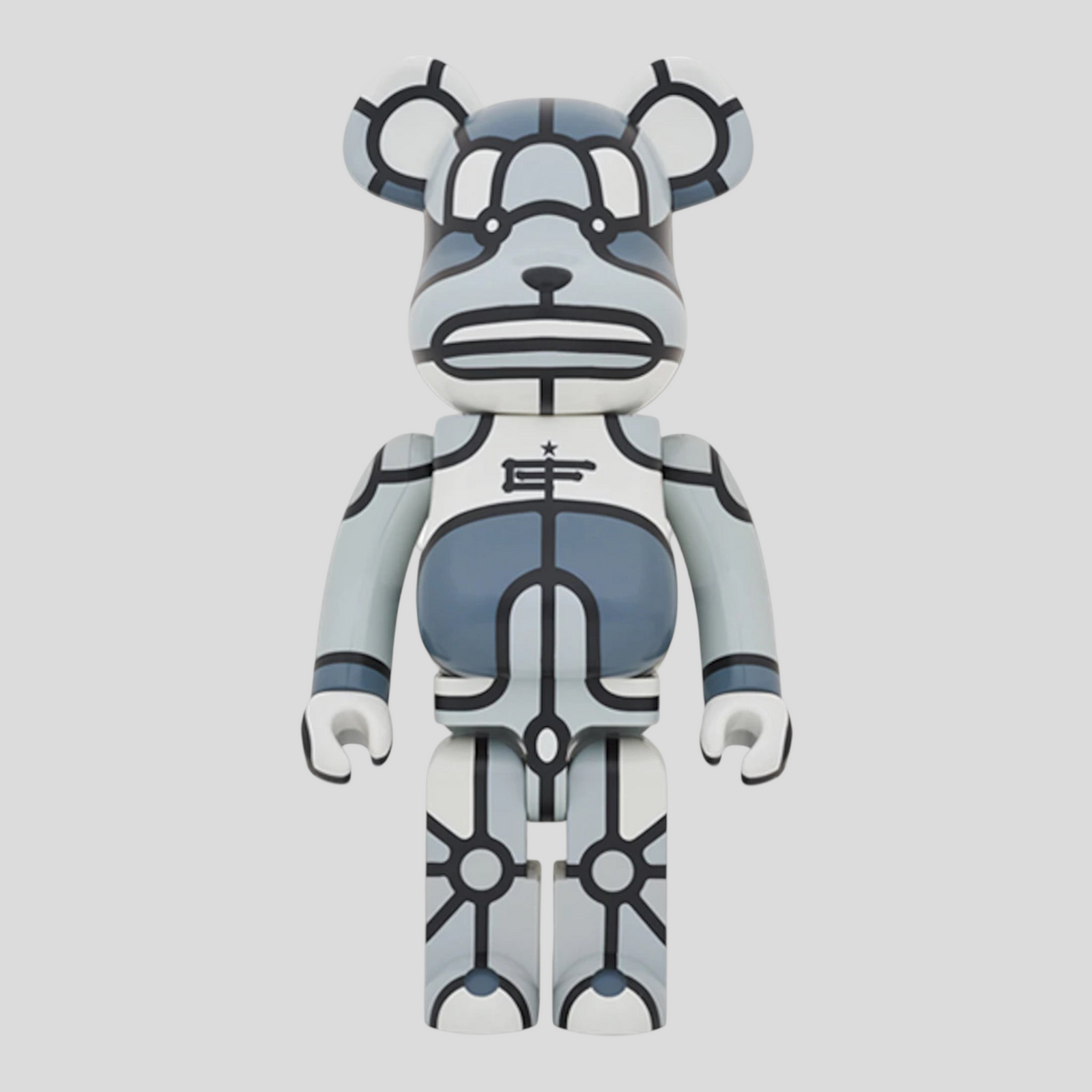 CLB XXIII 1000% Bearbrick David Flores X XLarge figure in grey, black, and white with graphic line art design