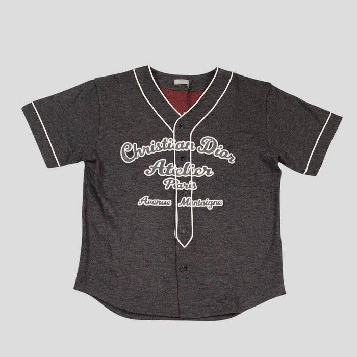 CLB XXIII grey wool and cotton Dior Atelier baseball shirt with white piping and embroidered front logo