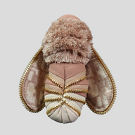 CLB XXIII Dior bee keychain in muted purple and beige fabric with gold zipper detailing and a fluffy textured head