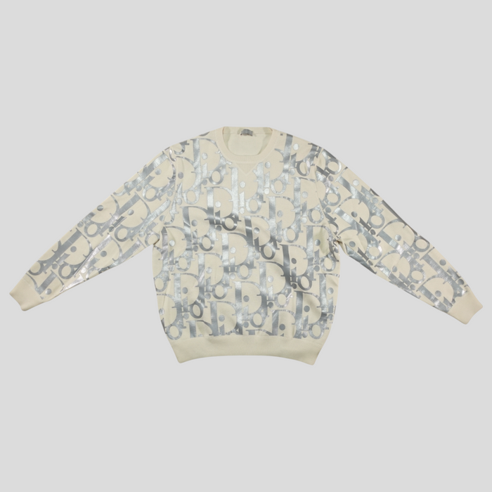 CLB XXIII Dior beige wool sweatshirt featuring a reflective silver Oblique monogram pattern and crew neckline.