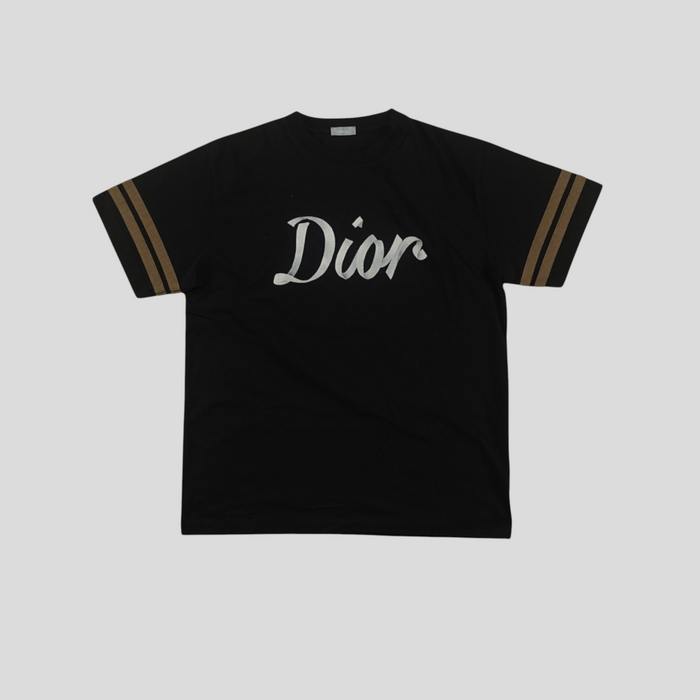 CLB XXIII Dior black cotton t-shirt with metallic logo and striped sleeves