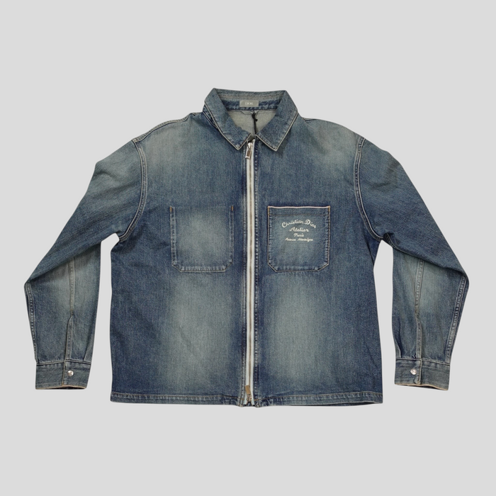 CLB XXIII Dior Christian Dior Atelier blue cotton zip-up denim jacket with front chest pocket embroidery