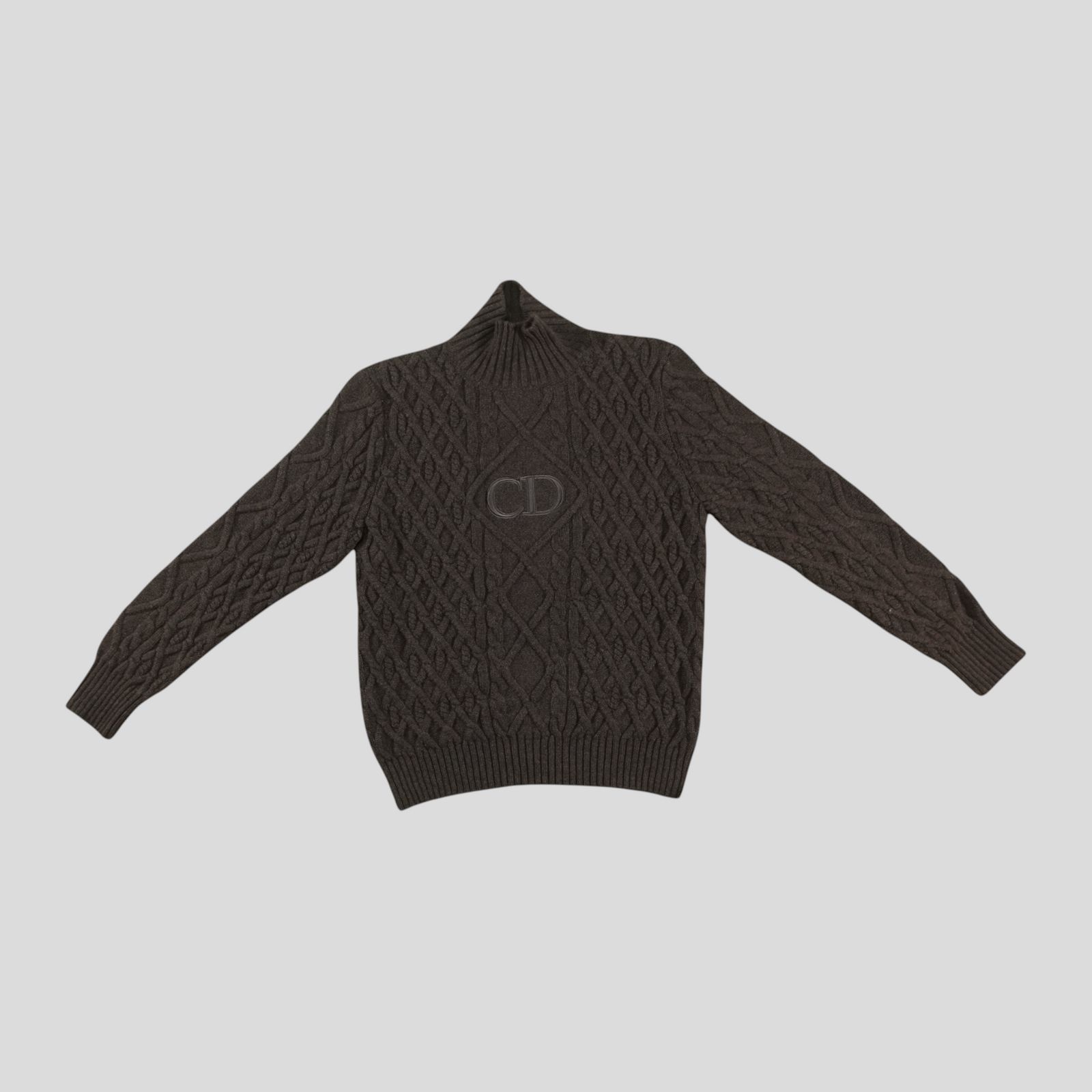 CLB XXIII Dior brown cashmere cable knit sweater featuring a high neck and embroidered CD Icon logo on the chest.