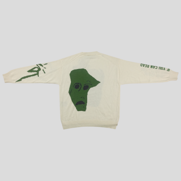 CLB XXIII Dior Cactus Jack oversized ecru virgin wool knit sweater with green graphic back print and sleeve text