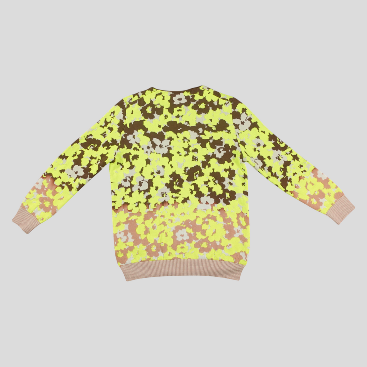 CLB XXIII Dior long sleeve knit shirt featuring a green and brown floral intarsia pattern with ribbed trim