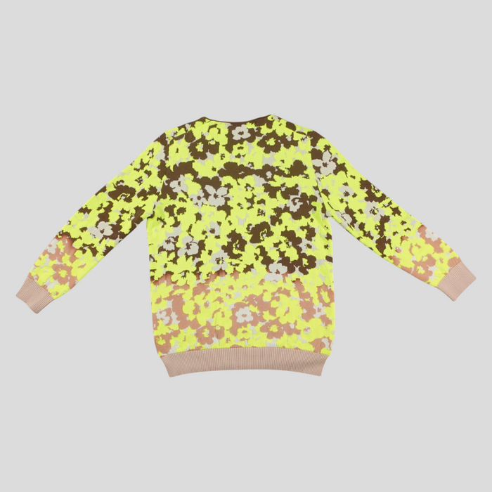 CLB XXIII Dior long sleeve knit shirt featuring a green and brown floral intarsia pattern with ribbed trim