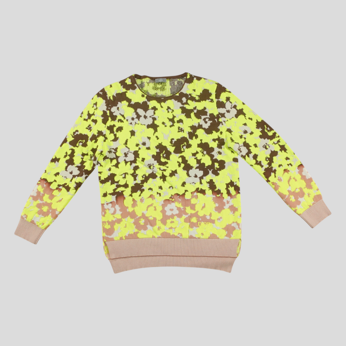 CLB XXIII Dior long sleeve knit shirt featuring a green and brown floral intarsia pattern with ribbed trim