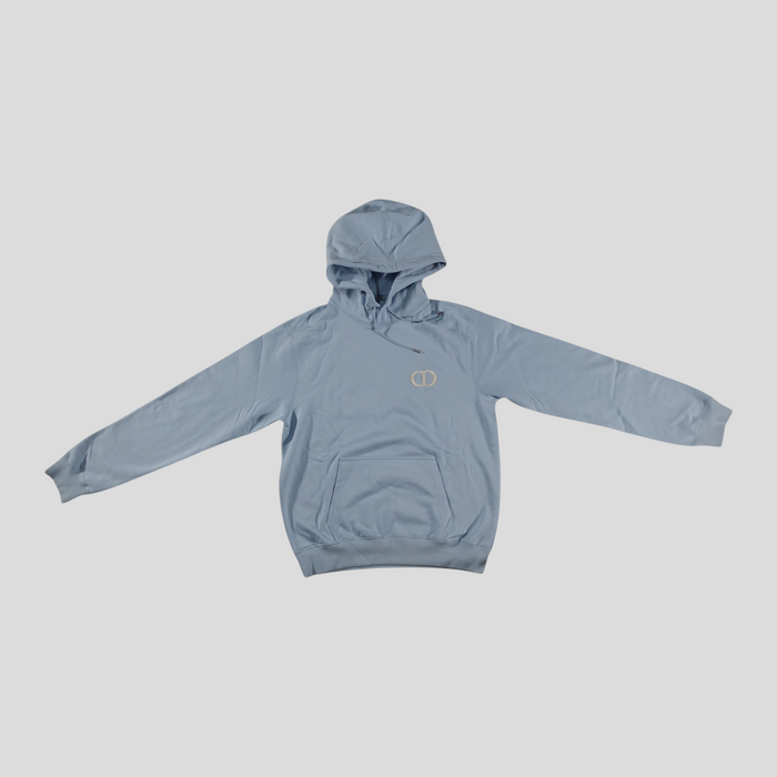 CLB XXIII Dior CD Icon hoodie in light blue cotton with embroidered logo on chest and front kangaroo pocket