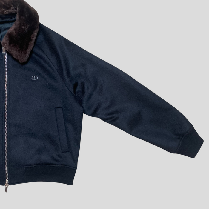 CLB XXIII Dior navy cashmere jacket with a dark brown fur collar and silver zipper detail