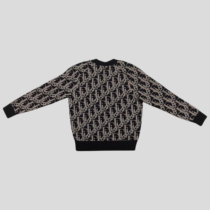 CLB XXIII Dior Oblique jacquard knit cardigan in black and brown virgin wool with long sleeves and ribbed trim