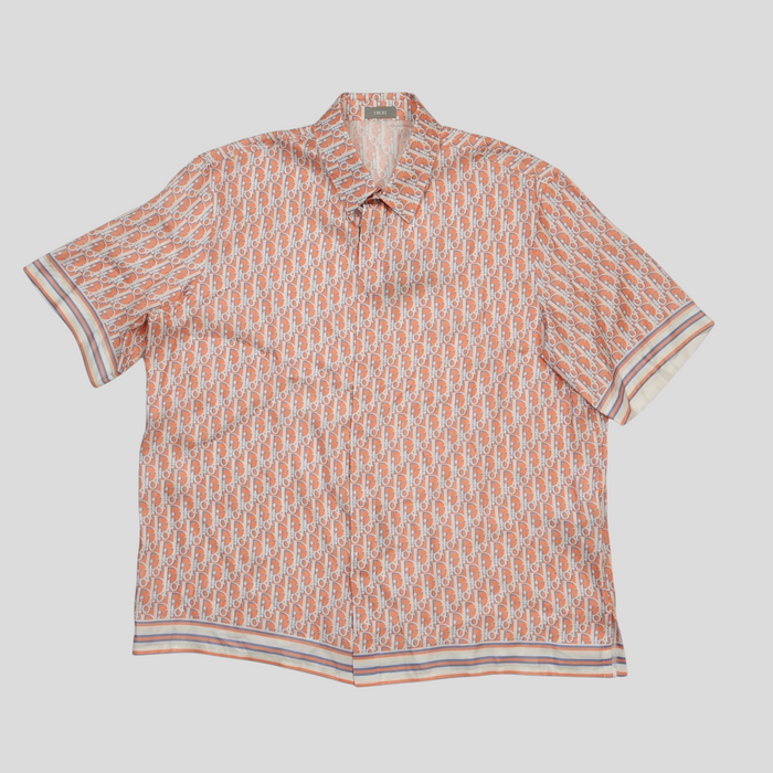 CLB XXIII Dior Oblique orange silk button-up shirt with short sleeves and a classic collar