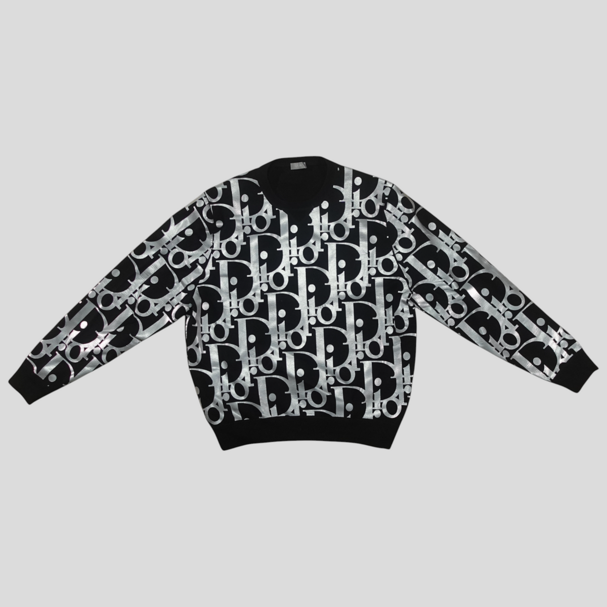 CLB XXIII Dior black wool sweatshirt featuring a reflective silver Oblique monogram pattern and ribbed trim.