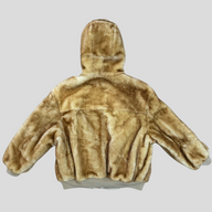 CLB XXIII Dior lamb fur hooded jacket in tan, featuring a plush texture and ribbed hem, back view.