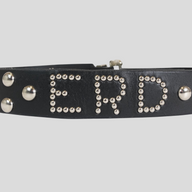CLB XXIII Enfants Riches Déprimés black leather belt featuring silver metal stud detailing spelling ERD