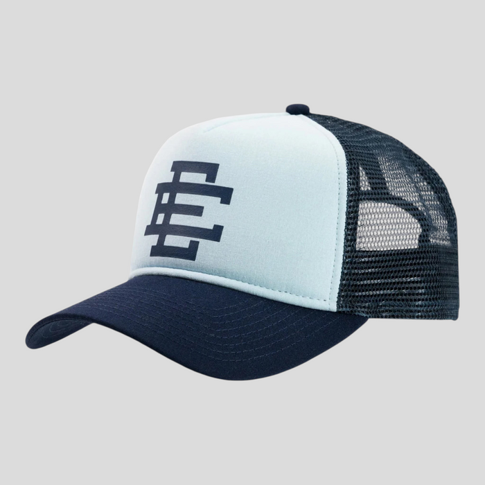 CLB XXIII Eric Emanuel trucker hat in baby blue with a navy brim and mesh back featuring the EE logo