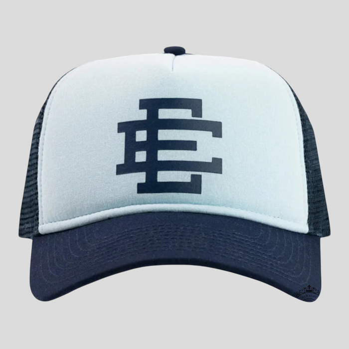 CLB XXIII Eric Emanuel trucker hat in baby blue and navy with a prominent EE logo on the front foam panel