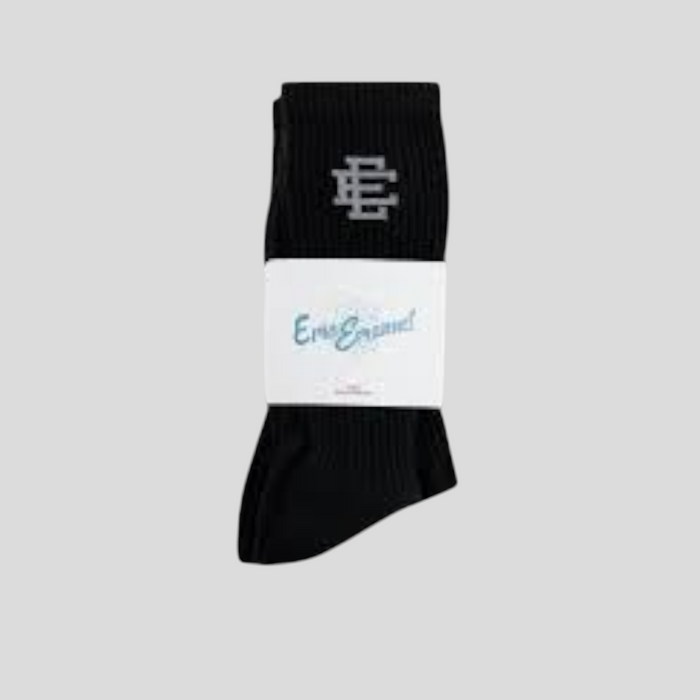 CLB XXIII Eric Emanuel black cotton crewneck socks with grey logo branding in a 3-pack packaging