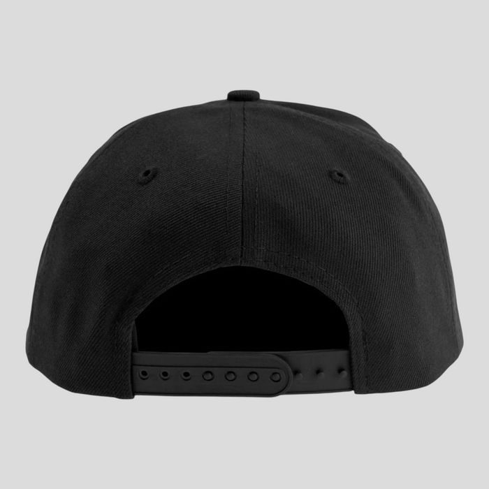 CLB XXIII Eric Emanuel EE Basic black snapback hat showing the adjustable plastic strap closure from the back view
