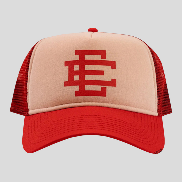 CLB XXIII Eric Emanuel cherry red trucker hat with a beige front panel and red mesh back featuring the EE logo