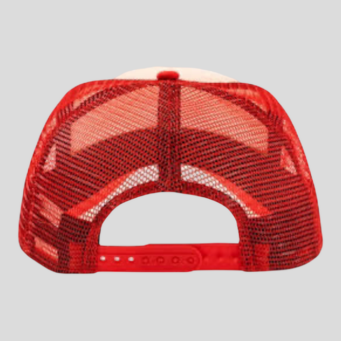 CLB XXIII Eric Emanuel cherry red trucker hat with breathable mesh back and adjustable snapback closure