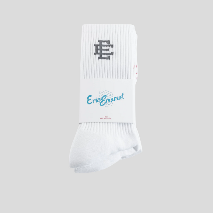 CLB XXIII Eric Emanuel white cotton crewneck socks in a 3-pack with grey embroidered logo detail