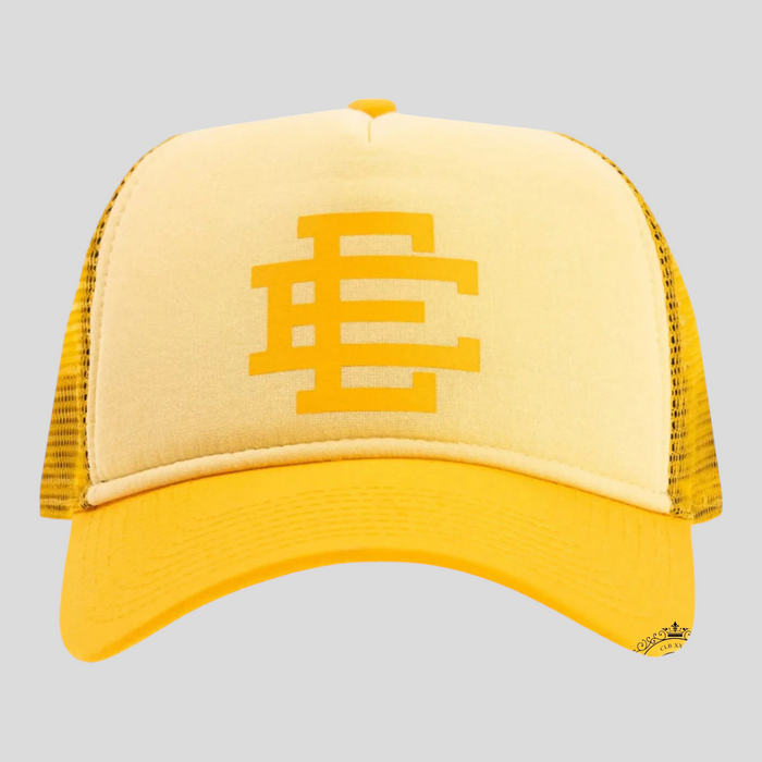 CLB XXIII Eric Emanuel trucker hat in light yellow with a mesh back and bold EE logo on the front panel