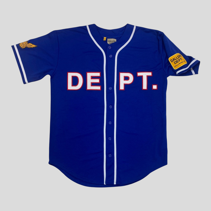 CLB XXIII blue GALLERY DEPT. Echo Park baseball jersey with white piping, button front, and sleeve patches.