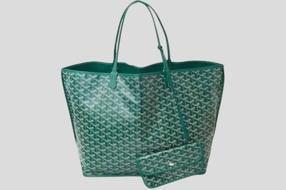 CLB XXIII Goyard Anjou GM tote bag in green featuring the signature chevron print and a matching detachable pouch.