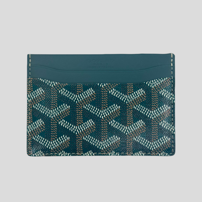CLB XXIII Goyard Saint Sulpice card holder in green featuring the iconic chevron print and leather trim.