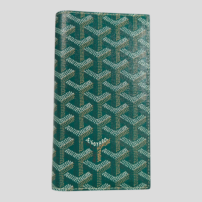 CLB XXIII green Goyard Saint-Roch wallet featuring the iconic chevron print and Goyard Paris logo