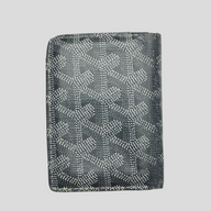 CLB XXIII pre-owned grey Goyard Saint Marc cardholder featuring the iconic chevron print, showing signs of heavy wear.