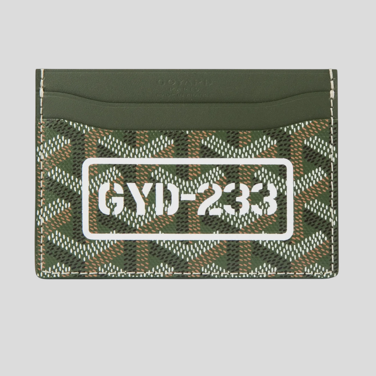 CLB XXIII Goyard Saint Sulpice card holder in khaki featuring the iconic chevron print and GYD-233 white logo patch.