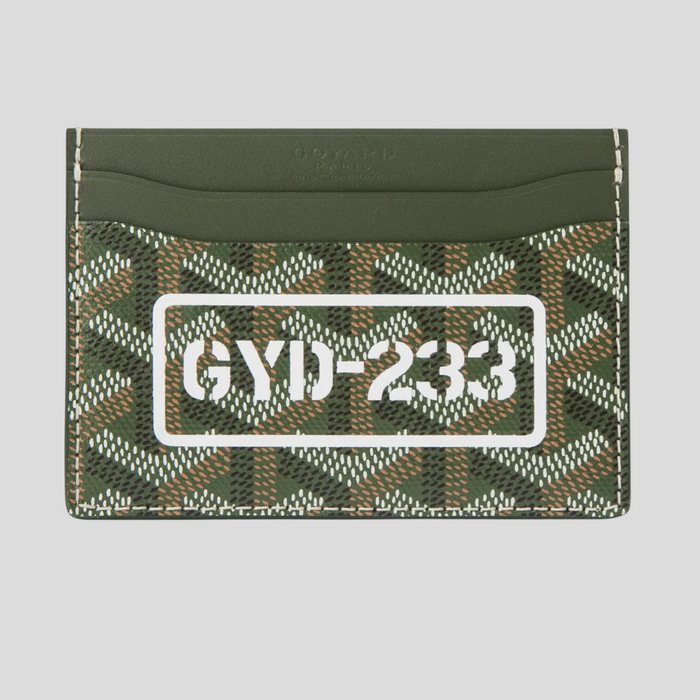CLB XXIII Goyard Saint Sulpice card holder in khaki featuring the iconic chevron print and GYD-233 white logo patch.