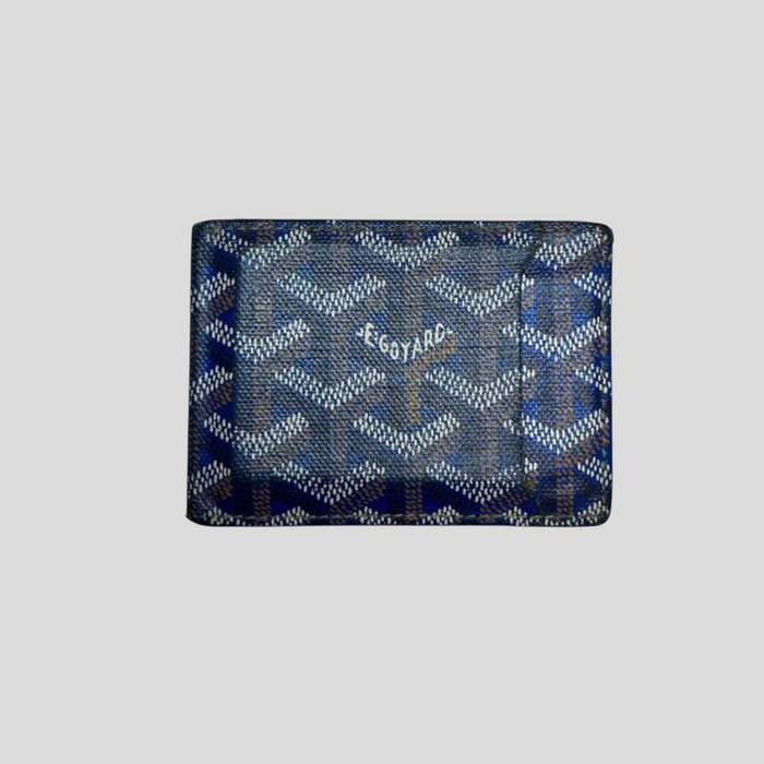 CLB XXIII pre-owned Goyard Insert Victoire card wallet in navy blue leather with signature chevron print