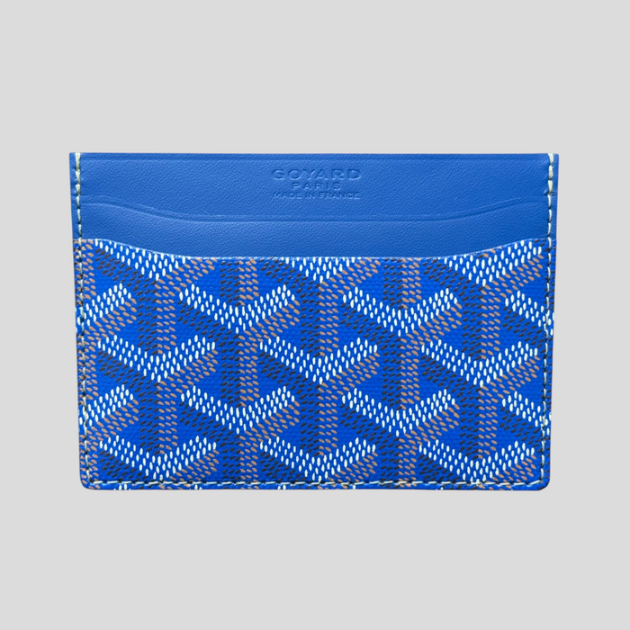 CLB XXIII Goyard Saint-Sulpice card holder in sky blue with signature chevron print and leather trim