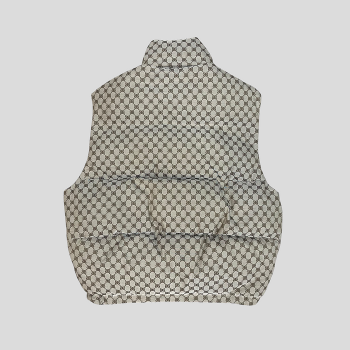 CLB XXIII Gucci X Balenciaga brown monogram puffer vest with high collar, back view