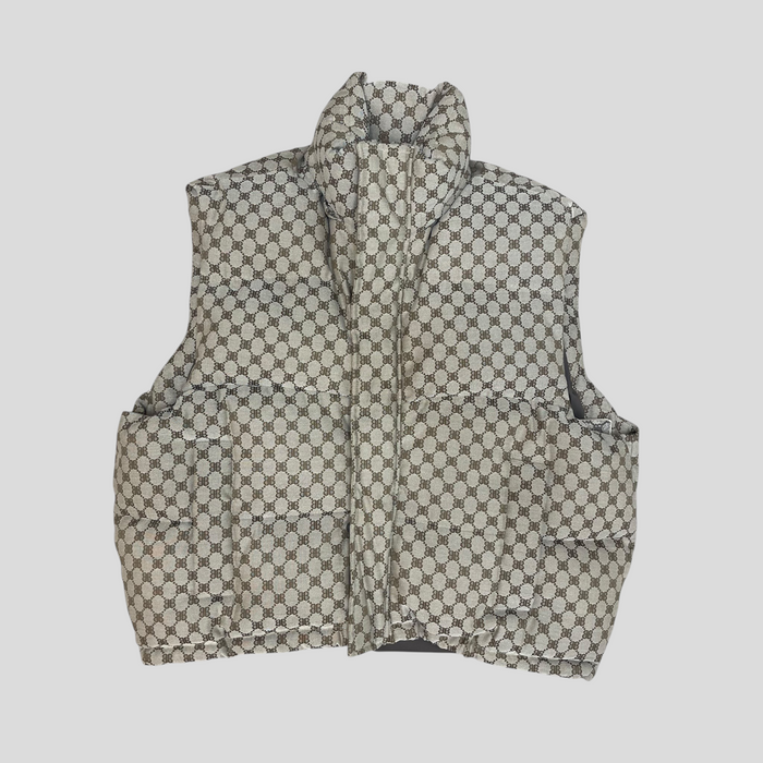 CLB XXIII Gucci X Balenciaga brown monogram puffer vest with high collar and front zip closure