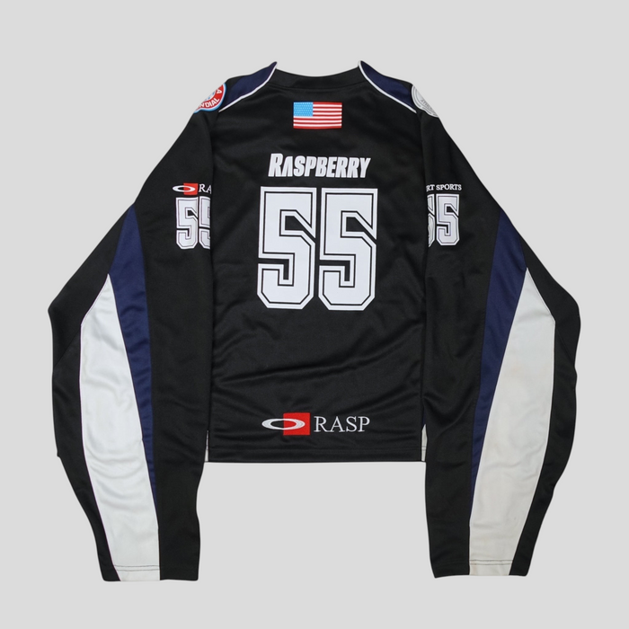 CLB XXIII preowned GV Gallery Infinity jersey in black, navy, and white with number 55 and Raspberry nameplate
