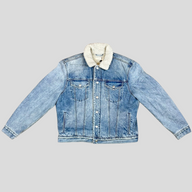 CLB XXIII All Saints indigo denim jacket with a white shearling collar and button-up front