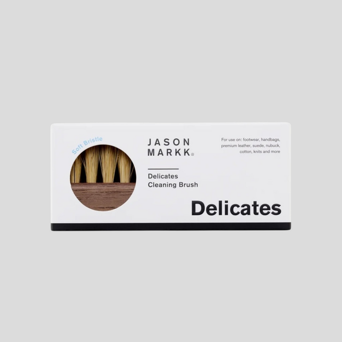 CLB XXIII Jason Markk Delicates Cleaning Brush with soft hog hair bristles and walnut wood handle in retail packaging