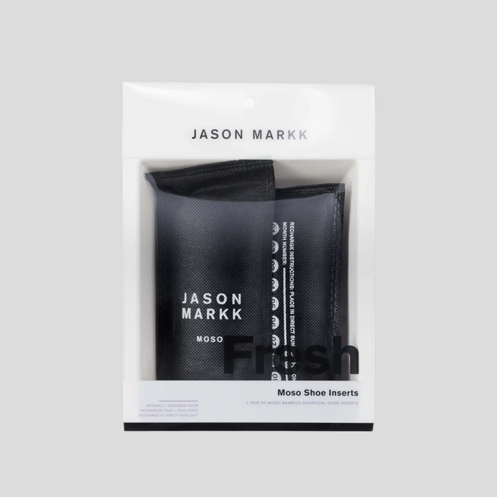 CLB XXIII Jason Markk Moso bamboo charcoal shoe inserts in black fabric packaging for odor removal