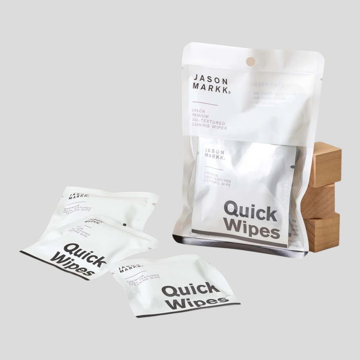 CLB XXIII Jason Markk dual-textured quick cleaning wipes in individual white sachets for shoes and accessories