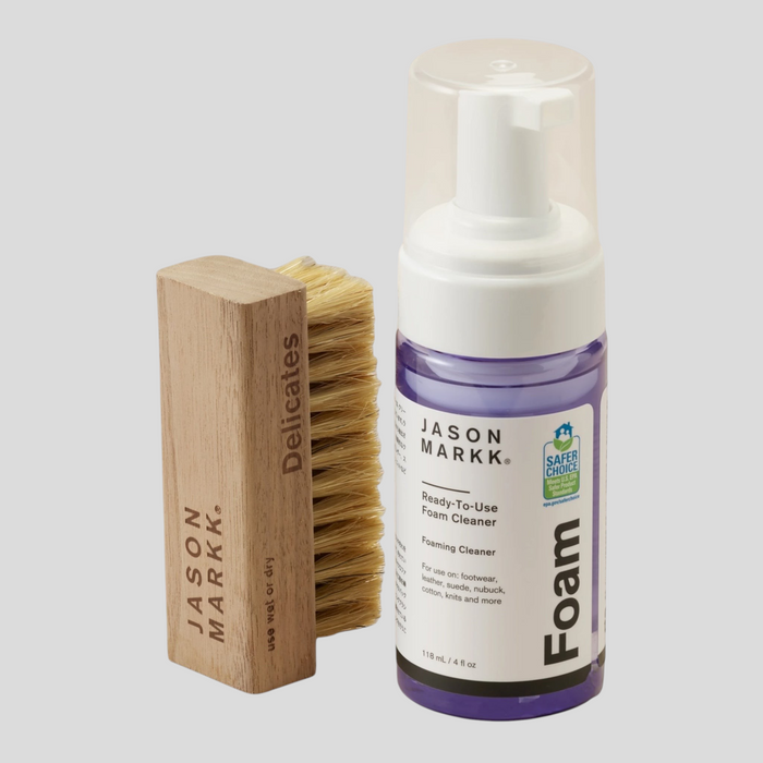 CLB XXIII Jason Markk Quick Clean Kit featuring a wooden brush for delicates and a bottle of ready-to-use foam cleaner