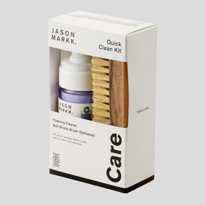 CLB XXIII Jason Markk Quick Clean Kit featuring a foaming shoe cleaner and soft bristle brush in white packaging