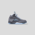 CLB XXIII Jordan 5 Retro Wolf Grey GS sneaker in light graphite suede with white accents and translucent icy outsole