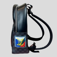 Side view of a CLB XXIII LOUIS VUITTON ALPS backpack in black Damier Graphite canvas with a colorful logo patch.