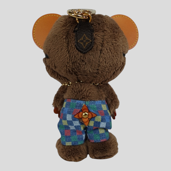 CLB XXIII brand-new Louis Vuitton LV bear bag charm featuring brown plush fur and colorful checkered shorts