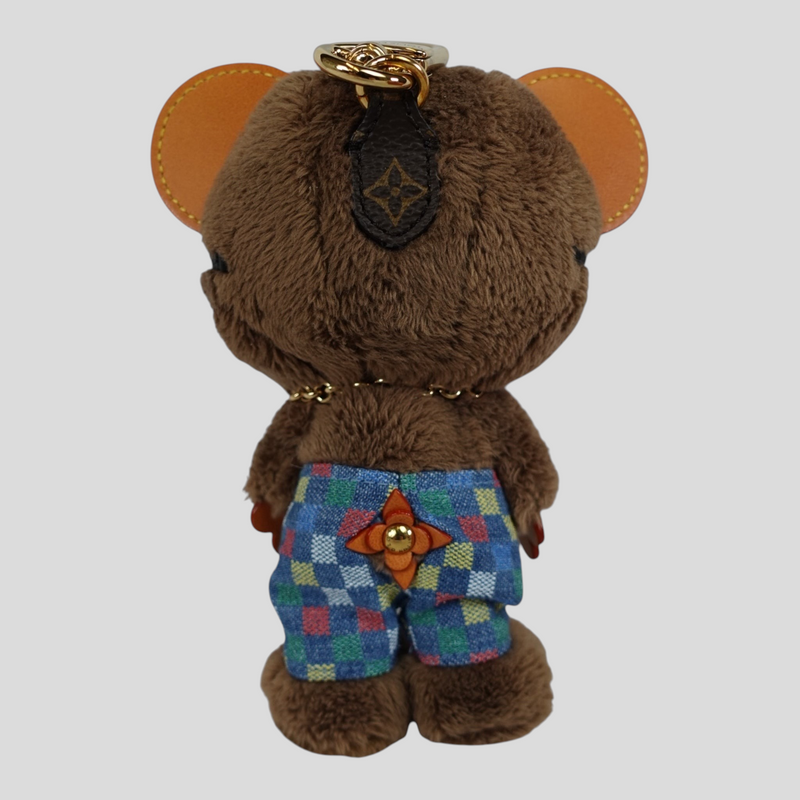 CLB XXIII brand-new Louis Vuitton LV bear bag charm featuring brown plush fur and colorful checkered shorts